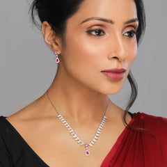 Silver Pink Flower Drop Solitaire Set