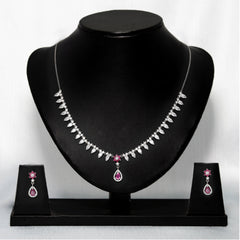 Silver Pink Flower Drop Solitaire Set