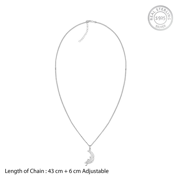 Oxidised Silver Unwind Moon Pendant with Box Chain