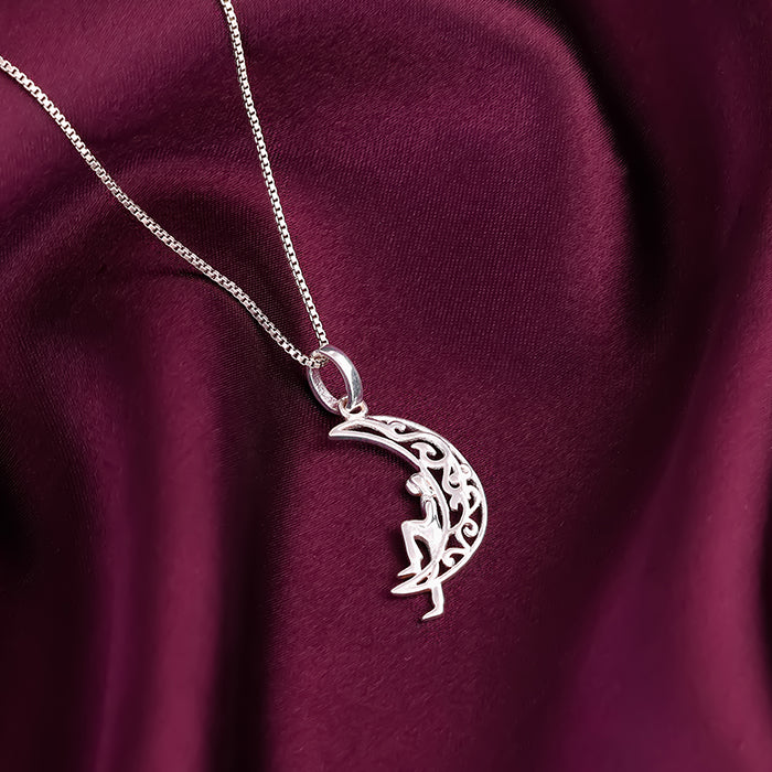 Oxidised Silver Unwind Moon Pendant with Box Chain