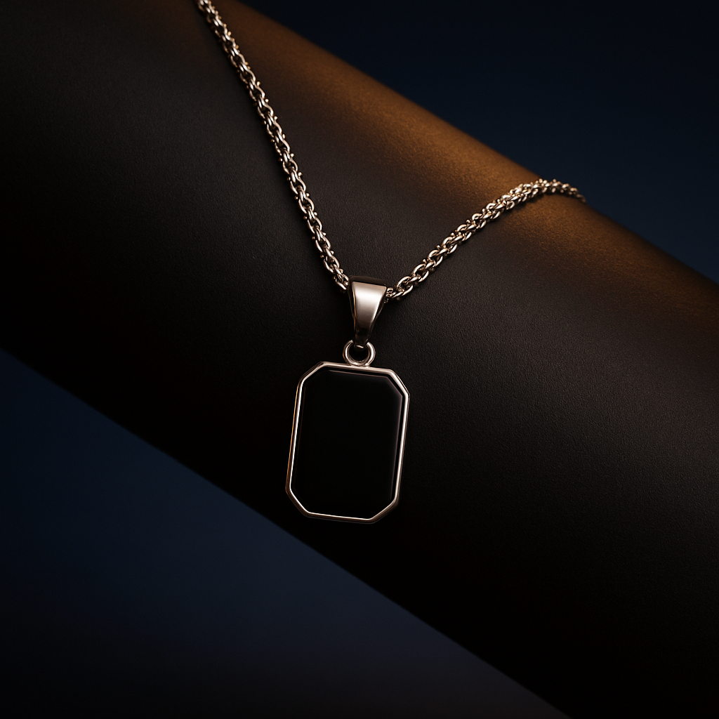 Obsidian Edge Tag Pendant – Silver Chain Edition