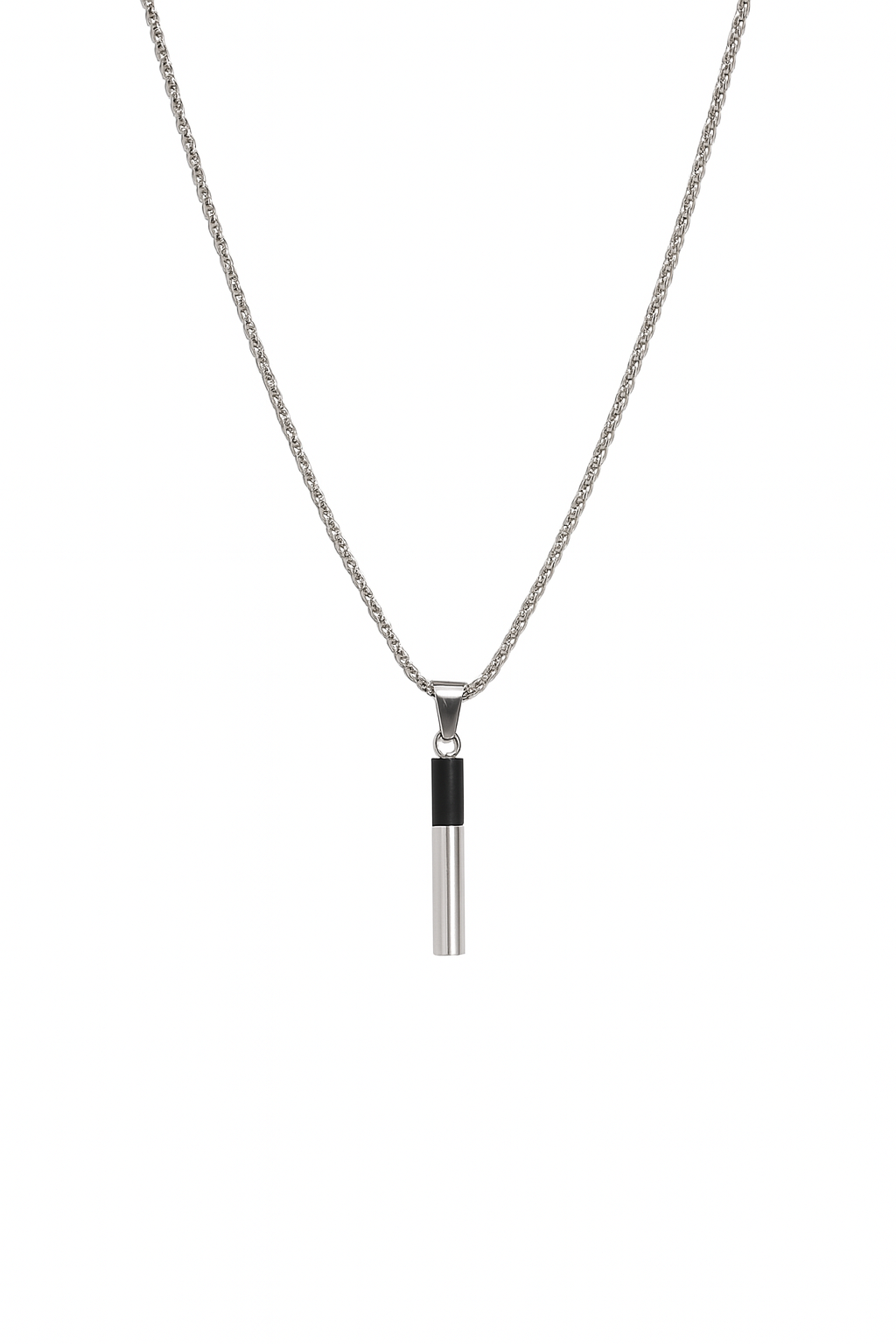 Monochrome Bullet Bar Pendant – Dual Tone Steel Chain