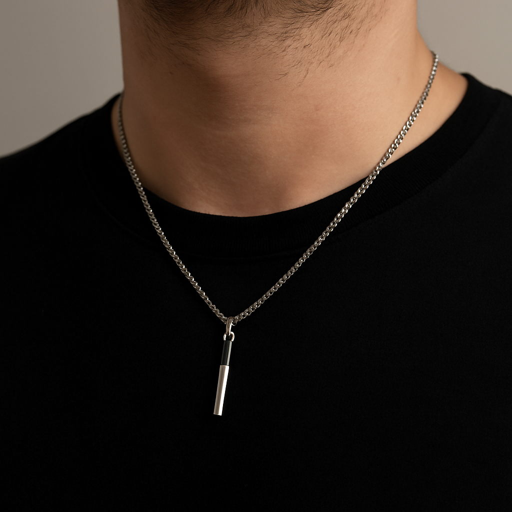 Monochrome Bullet Bar Pendant – Dual Tone Steel Chain
