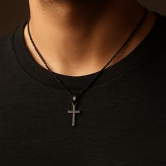 Matte Black Minimal Cross Pendant – Rope Chain Necklace