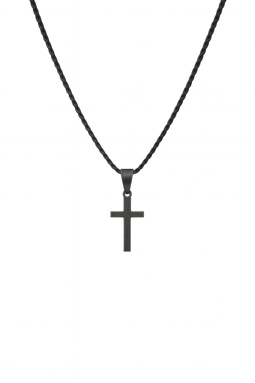 Matte Black Minimal Cross Pendant – Rope Chain Necklace