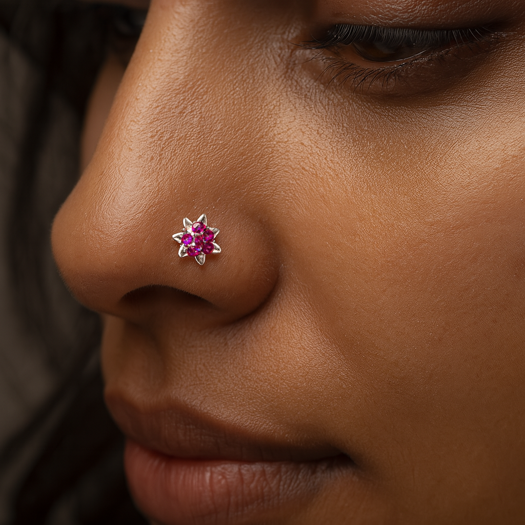 Ruby Blossom Silver Screw Nose Stud