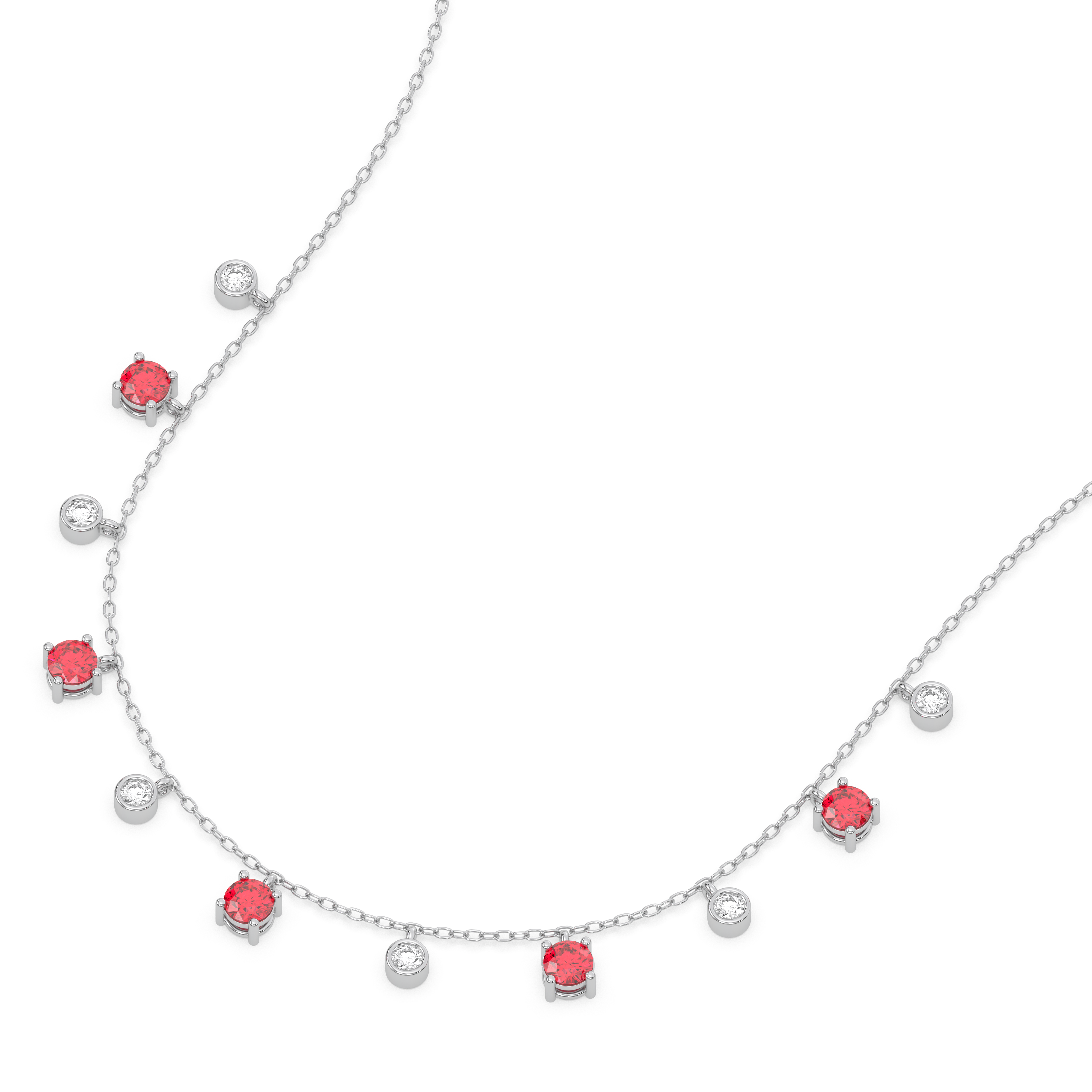 Sterling Silver - Lab Diamond & Ruby Station Necklace