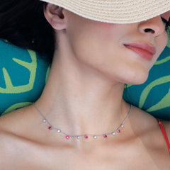 Sterling Silver - Lab Diamond & Ruby Station Necklace