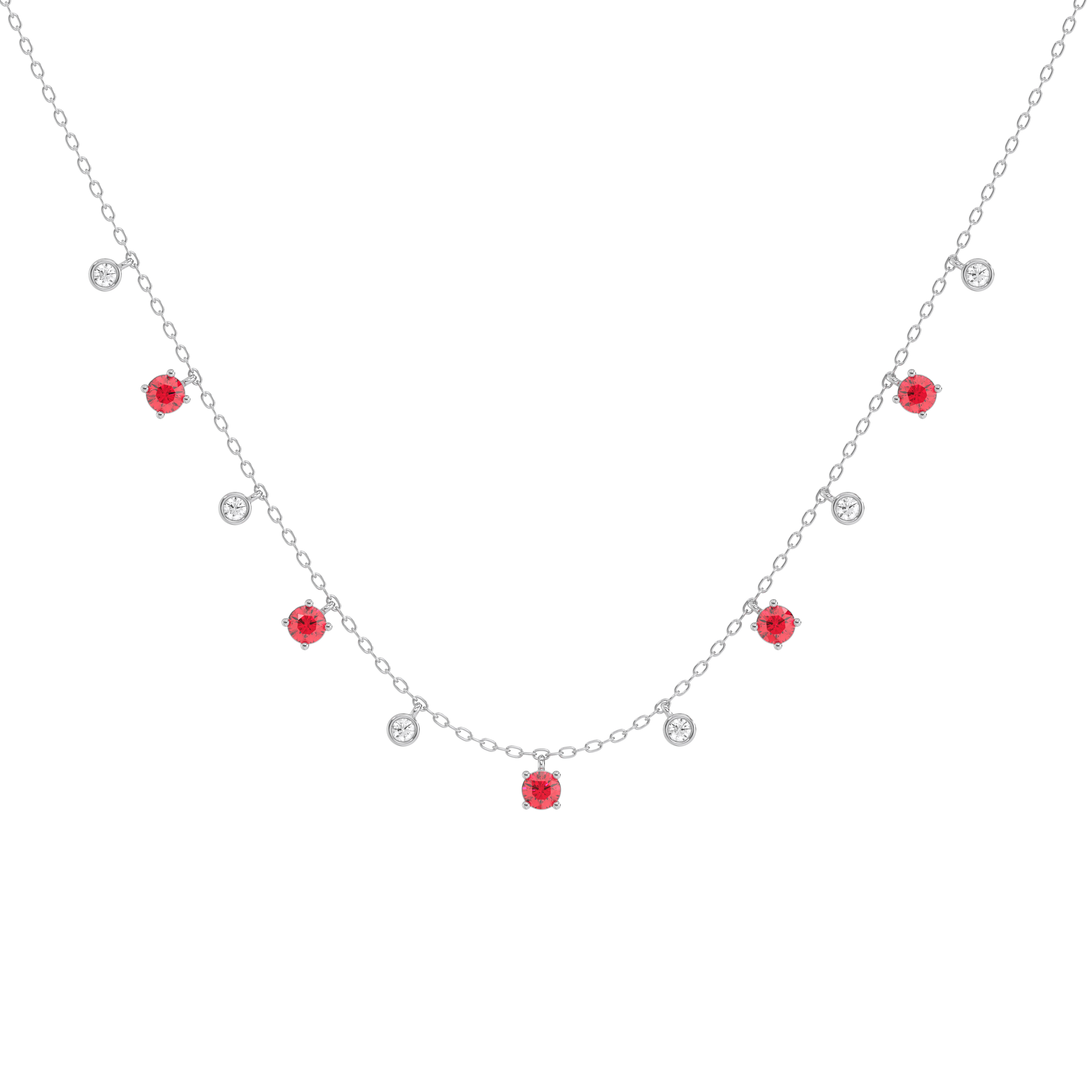 Sterling Silver - Lab Diamond & Ruby Station Necklace