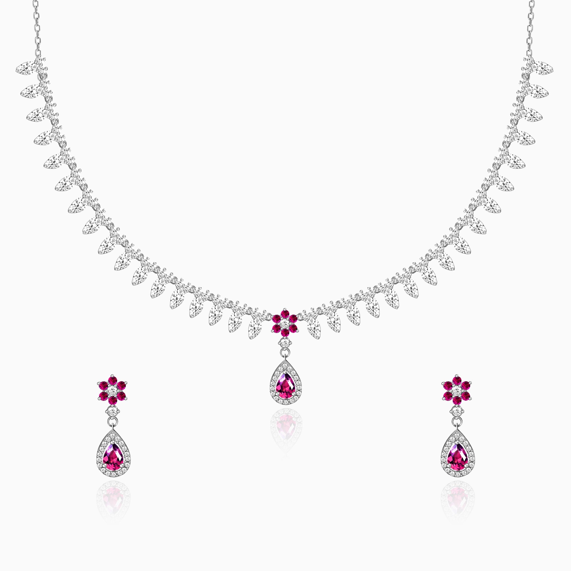 Silver Pink Flower Drop Solitaire Set