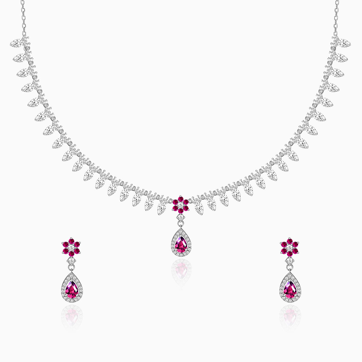 Silver Pink Flower Drop Solitaire Set